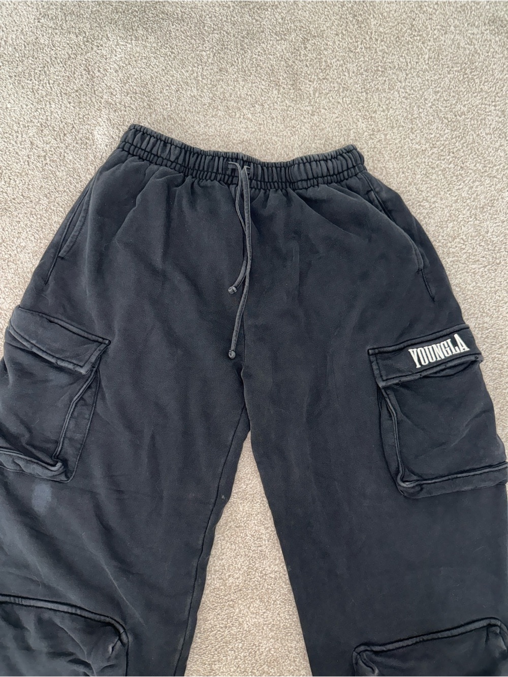 YoungLA Black Elastic Waist Cargo Sweatpants - Picture 2 of 4